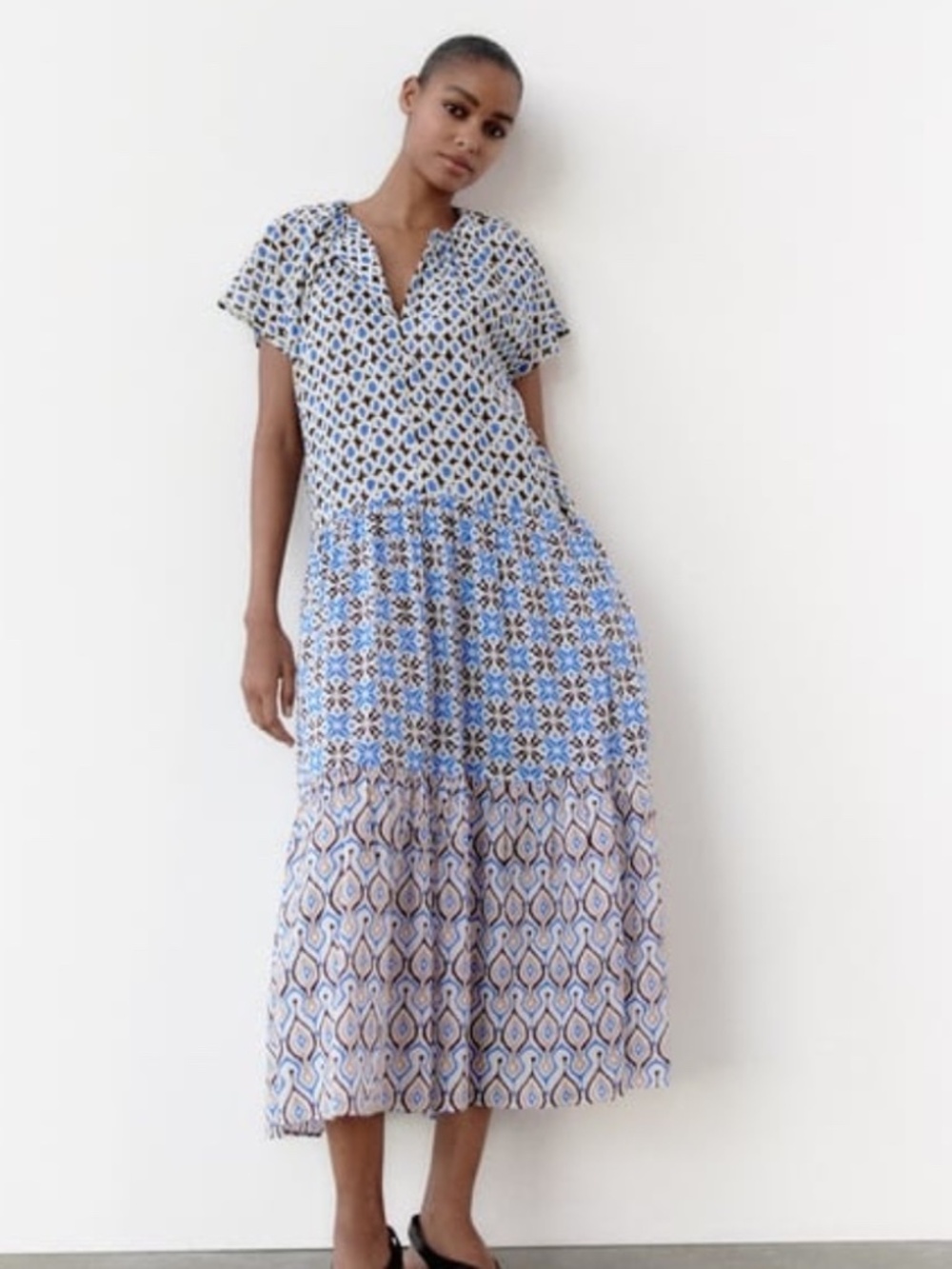 Zara Women's Patchwork Midi Dress Size XS Geometric Caftan Boho Summer